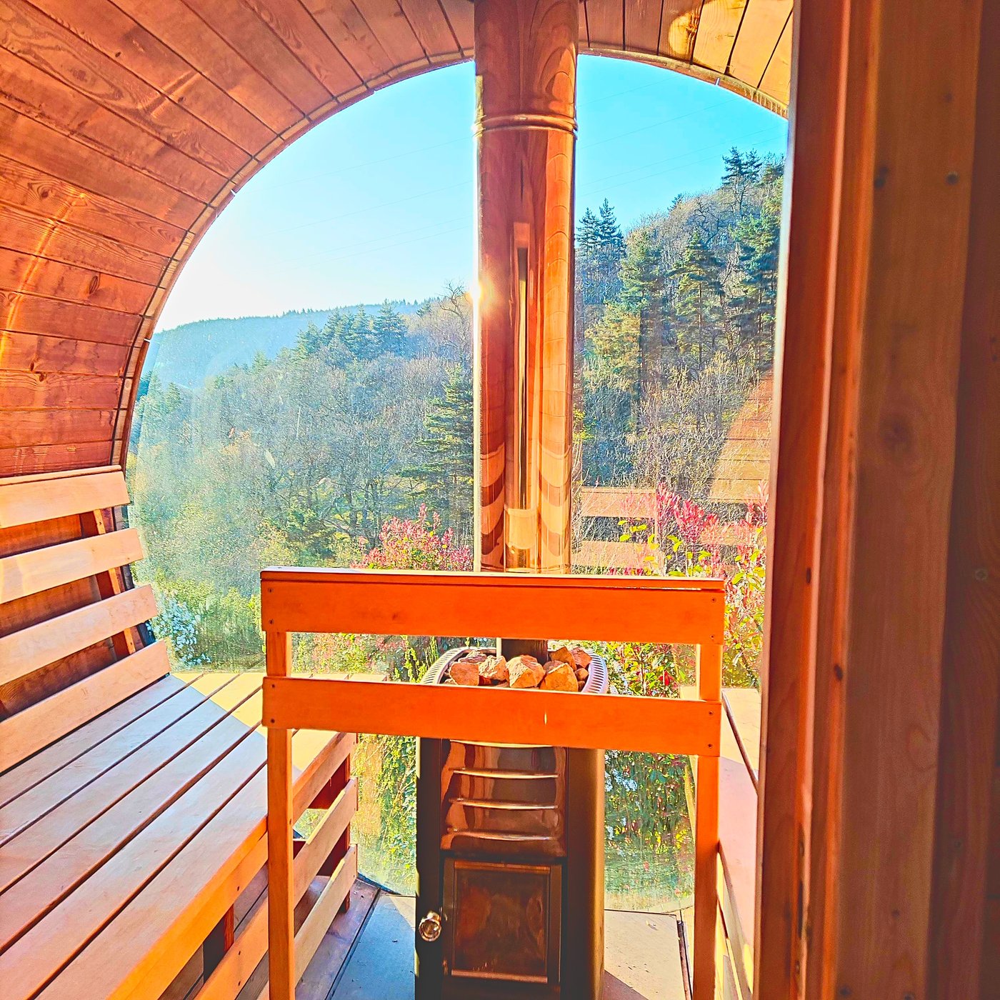 Intérieur du sauna, poêle à bois et baie vitrée sur la forêt